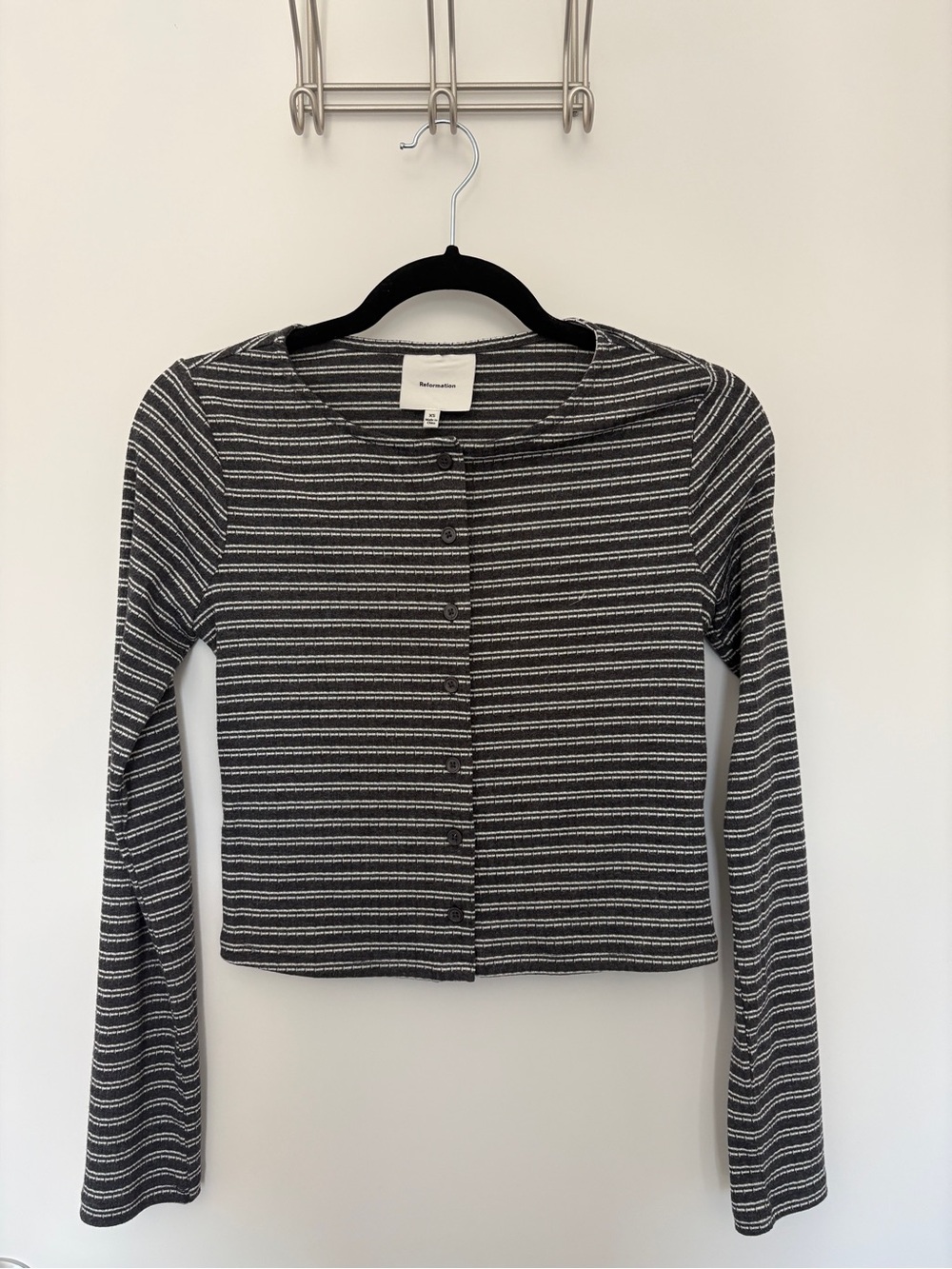 Reformation Black & White Striped Button-Front Long Sleeve Top
